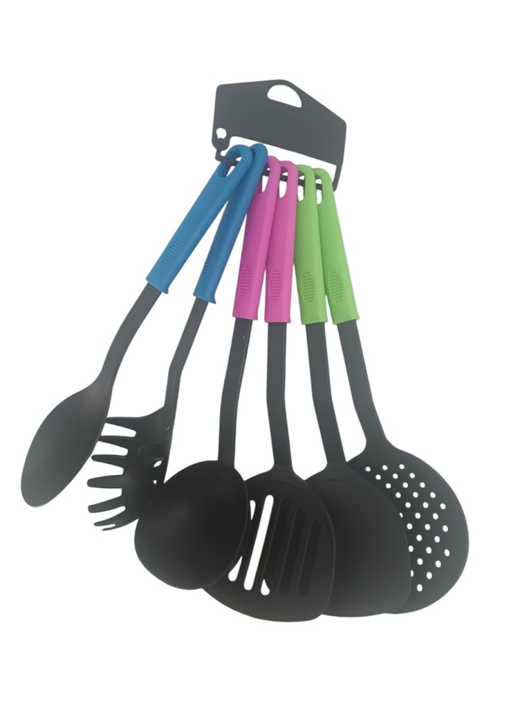 SET UTENSILIOS TEFLON x 6 CON MANGOS DE COLOR